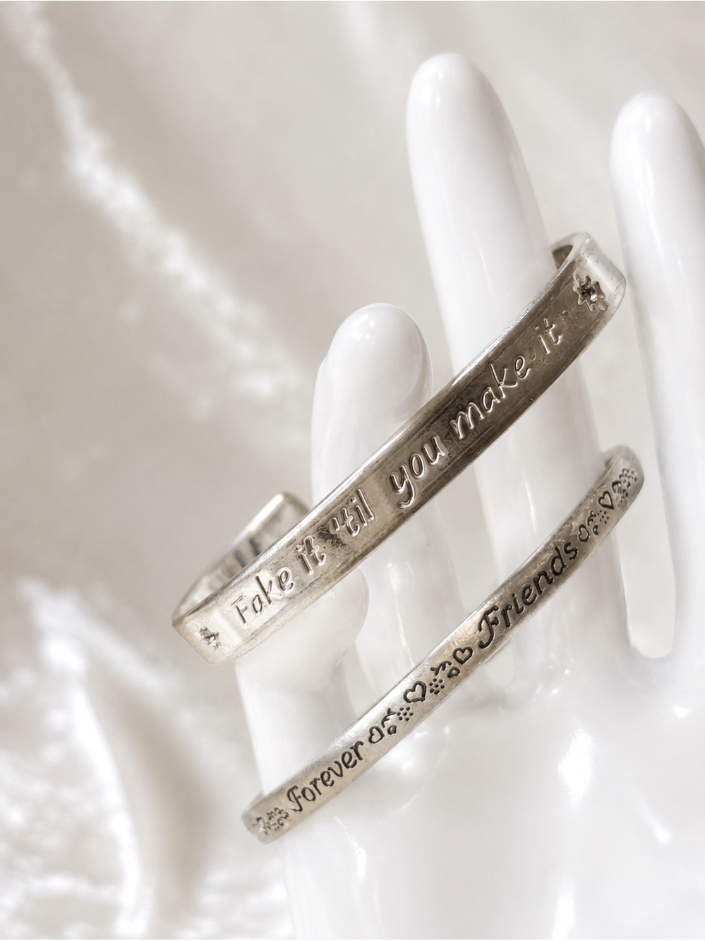 Silver Tone Inspirational 2 Bangle Bracelet Set Fake It Til You Make It &Friends